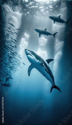 Great white sharks swimming in the ocean next to a school of fish illustration with natural light in the background, ai. © Artozen