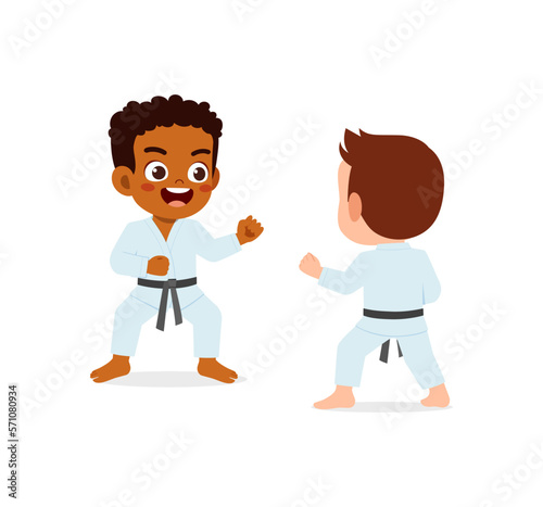 cute little kid training karate with friend together