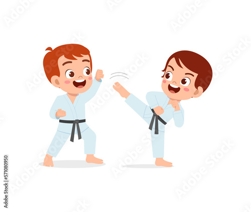 cute little kid training karate with friend together