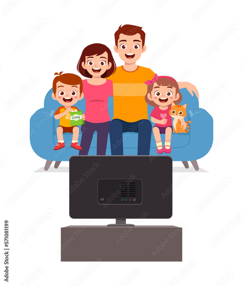 little kid watching television witth family and feel happy