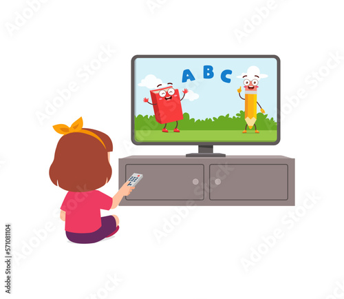 little kid watching television and feel happy
