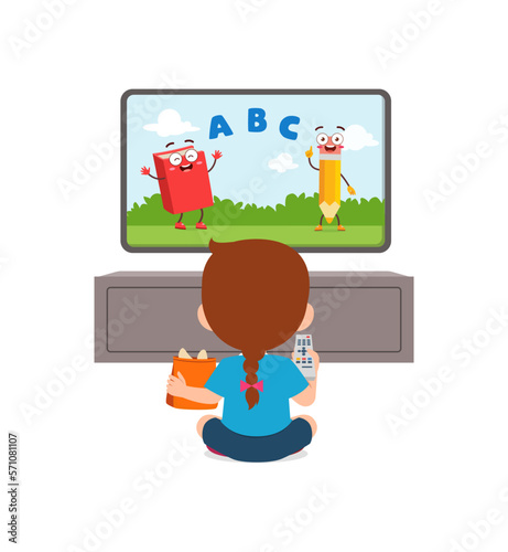 little kid watching television and feel happy