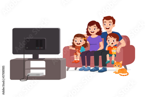 little kid watching television witth family and feel happy