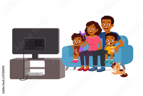 little kid watching television witth family and feel happy