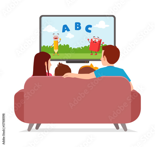 little kid watching television witth family and feel happy
