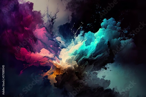 Abstract background in watercolor, splash and ink blot style with splatter effect, vivid rainbow colors on relatively darker ones, illustration, generative ai
