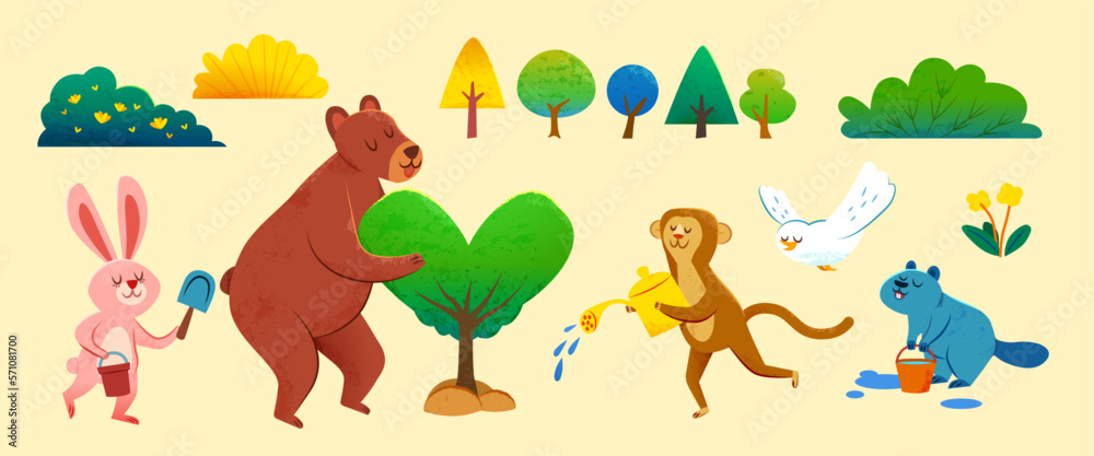 Obraz premium Cute animals and plants element set
