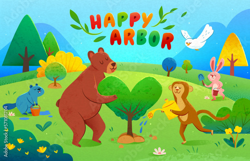 Cute animals planting on Arbor Day