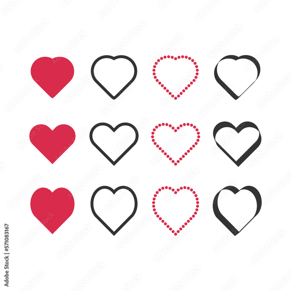 Heart vector. Set of hearts icon Red and Black Outline on white background. Romantic illustration elements for Love or Valentine's Day.