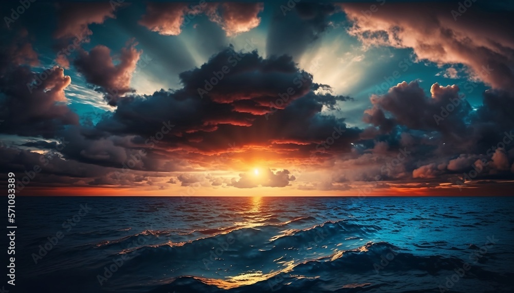 Dramatic colorful sunset over the sea, AI generated