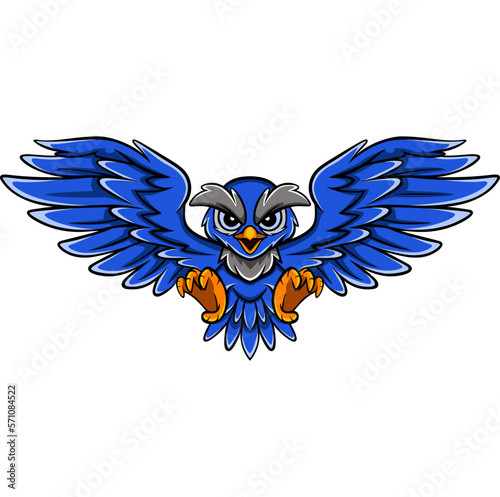 Cute blue owl cartoon mascot flying