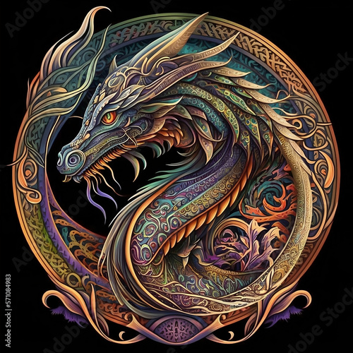 Celtic art of east totem and west style in psychedelic. Fit for apparel, book cover, poster, print. Dragon illustration