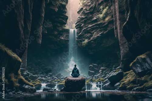 A person meditating in a serene nature setting with a peaceful waterfall in the background, symbolizing mental well-being and the benefits of mindfulness practices, generative ai photo
