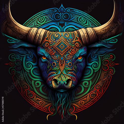 Celtic art of east totem and west style in psychedelic. Fit for apparel, book cover, poster, print. Ox illustration