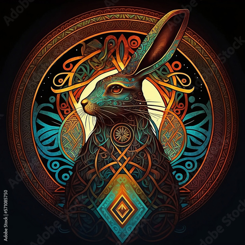 Celtic art of east totem and west style in psychedelic. Fit for apparel, book cover, poster, print. Rabbit illustration