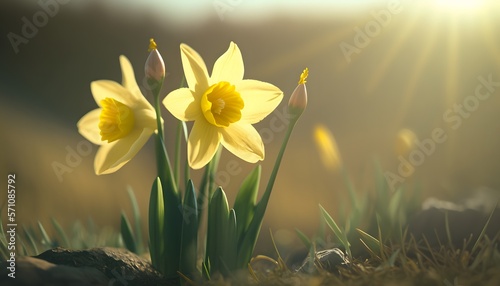 Close-up shot of Beautiful daffodil flower blossoms at morning light photo