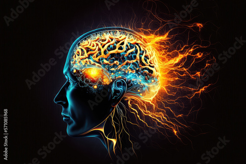 Glowing Mind - A Human Head Illuminated with a Radiant Brain, generative ai