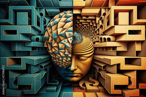 Mind Games - A surrealistic image that depicts the complexity of the human mind through the use of abstract shapes, optical illusions and visual puzzles, generative ai photo