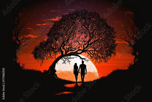 Soulmates Forever - an emotional illustration of two lovers holding hands and walking towards a bright horizon with a silhouette of a tree in the foreground  generative ai