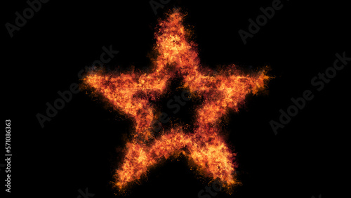 Fiery yellow red star symbol on a black background with burning line frame.