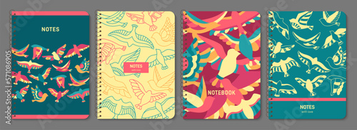 Abstract bird trendy notebook cover set. Exotic dove design for planner, brochure, book, catalog. Notepad with sparrow linear ornament. Decorative fowl layout page print template poster illustration