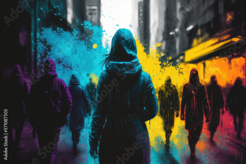Colorful painting of people walking in city abstract background. Generative ai © tonktiti