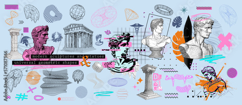 Retrofuturism and art. Exhibition, Greece, antiquity artwork concept. Modern shapes, sculpture, stature, bust in surreal style with effect liquid, glitch, psychodelic. Greek Column, temple, statues. 