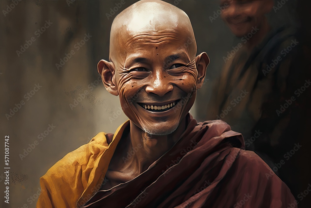 Portrait of a happy Buddhist monk in prayer. Kind man smiling. Asian meditation. AI generated. - obrazy, fototapety, plakaty 