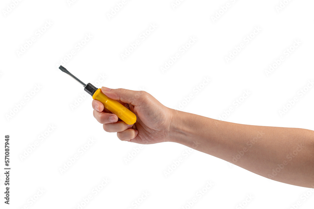 Hand and yellow screwdrivers tools on transparent background Hand and yellow screwdrivers tools on transparent background
