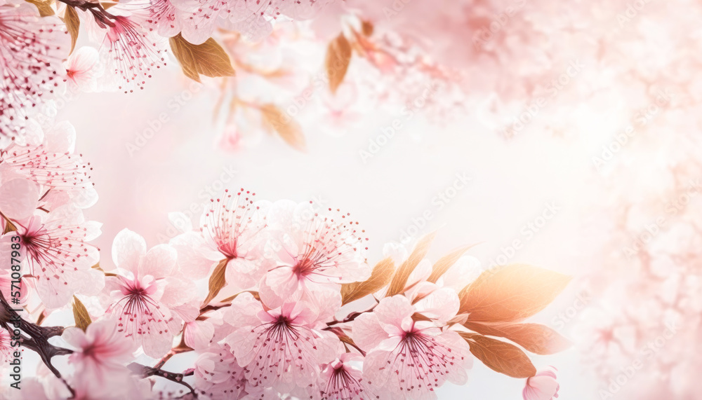 Copyspace of border pink cherry blossom abstract background. Pastel color tone. Generative ai