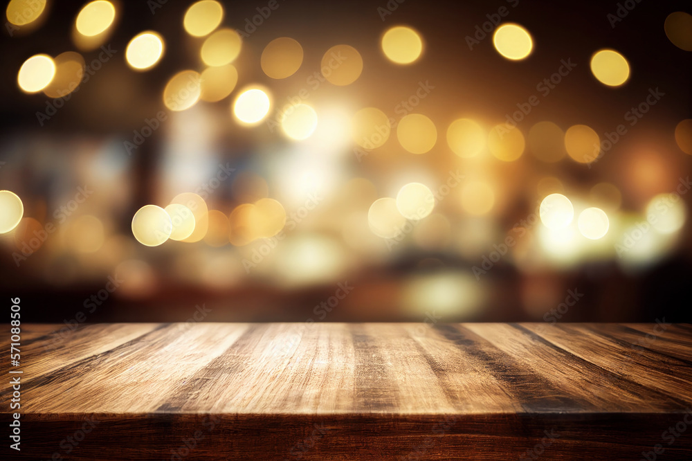 Wooden Table Side view, Square Frame, Restaurant Decor, product placement, bokeh lights, selective focus