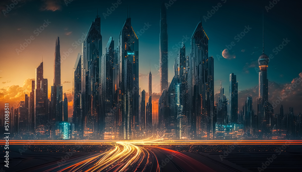 Cityscapes of future urban cities long exposures neon light nighttime on twillight sky abstract background. Generative ai