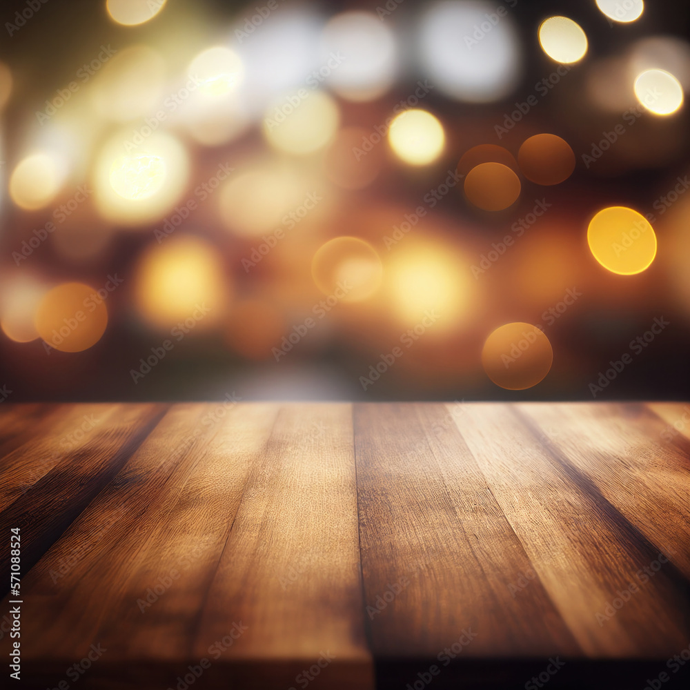 Wooden Table Side view, square frame, Restaurant Decor, product placement, bokeh lights, selective focus