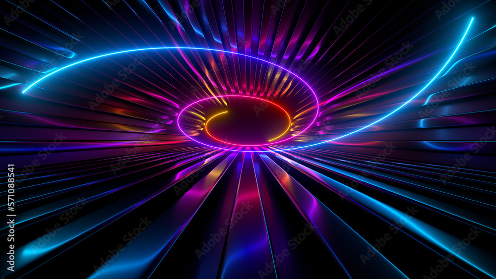Obraz premium Sci Fy neon glowing spiral lines in a dark tunnel. Reflections on the floor and ceiling. 3d rendering image. Abstract glowing lines. Techology futuristic background.