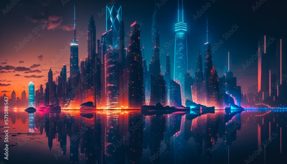 Cityscapes of future urban cities long exposures neon light nighttime on twillight sky abstract background. Generative ai