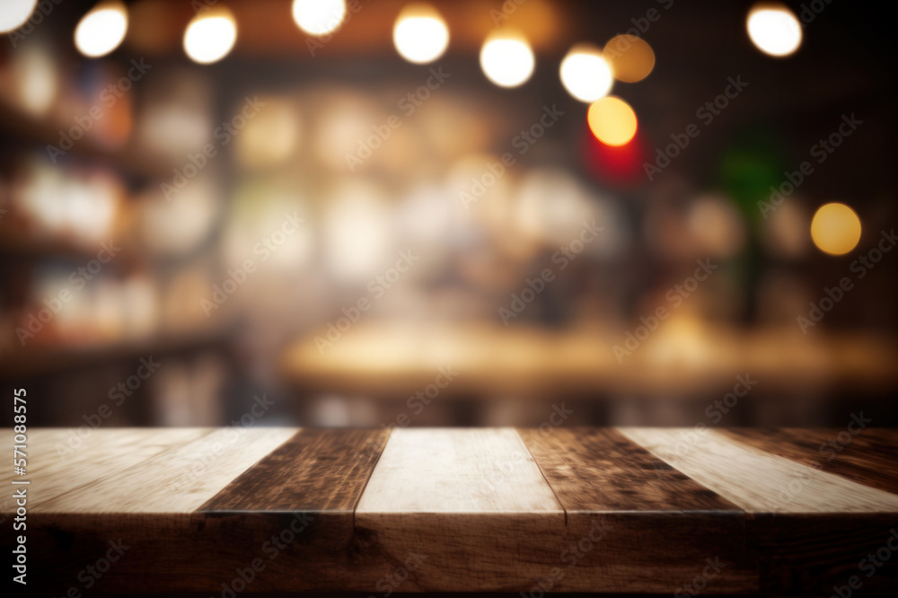 Wooden Table Side view, Restaurant Decor, product placement, bokeh lights, selective focus