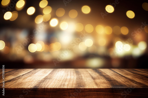Wooden Table Side view  Square Frame  Restaurant Decor  product placement  bokeh lights  selective focus