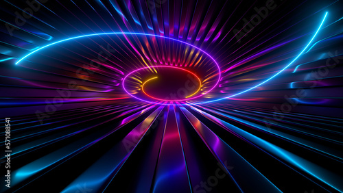 Sci Fy neon glowing spiral lines in a dark tunnel. Reflections on the floor and ceiling. 3d rendering image. Abstract glowing lines. Techology futuristic background.