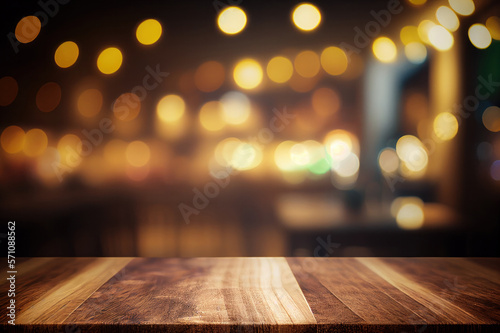 Wooden Table Side view  Restaurant Decor  product placement  bokeh lights  selective focus
