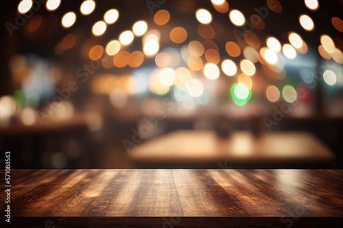 Wooden Table Side view, Restaurant Decor, product placement, bokeh lights, selective focus