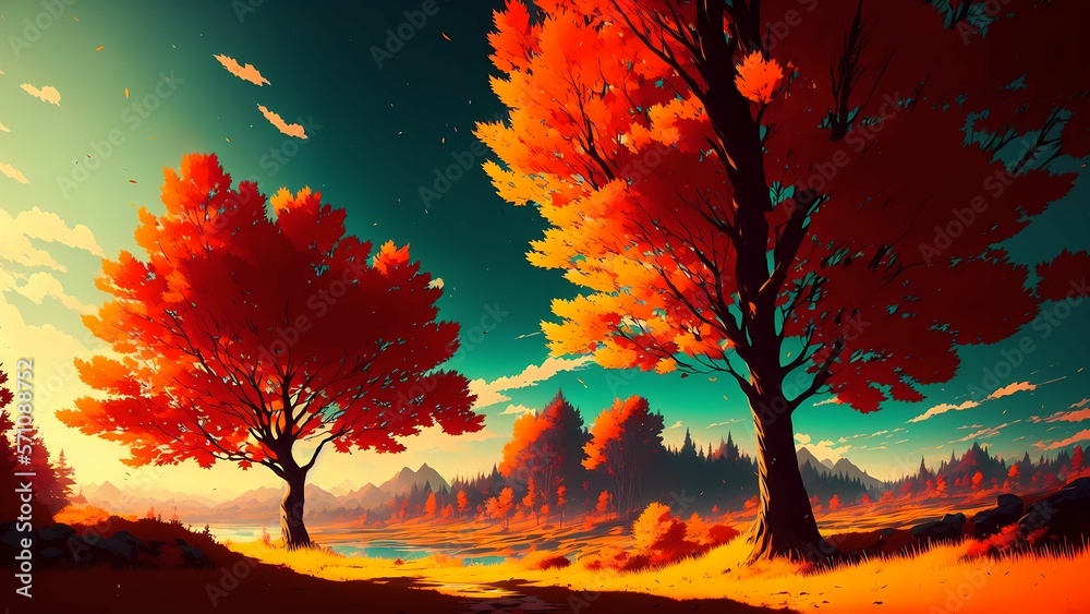 beautiful wallpaper of a sunset with beautiful trees in anime style. generated with ai