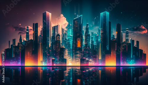 Cityscapes of future urban cities long exposures neon light nighttime on twillight sky abstract background. Generative ai © tonktiti