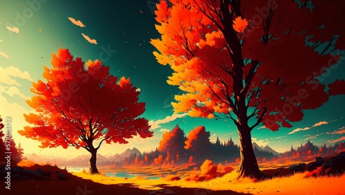 beautiful wallpaper of a sunset with beautiful trees in anime style. generated with ai © PAMA