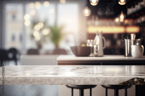 Marble Kitchen Counter Top Side view, Interior Decor, product placement, bokeh lights, selective focus 