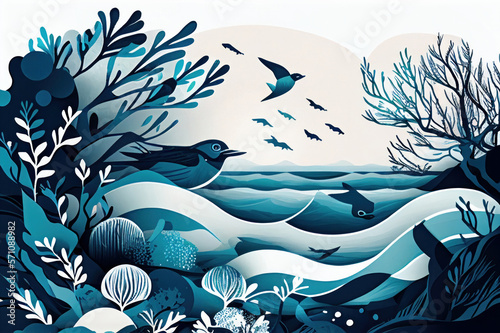 Abstract blue coastal nature landscape illustration, coastal decor, advertising vector photo