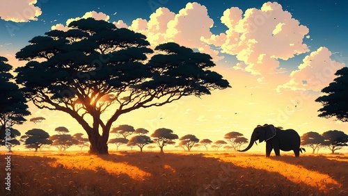 beautiful wallpaper of a sunset with beautiful trees in anime style. generated with ai © PAMA