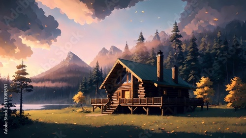 beautiful wallpaper of a cabin on a mountain with a beautiful lake. generated with ai