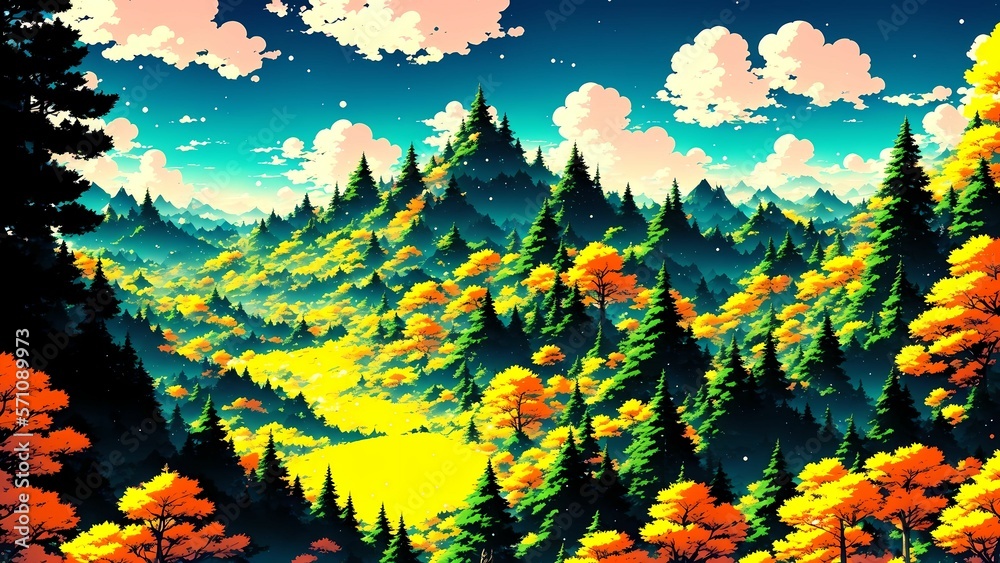 beautiful wallpaper of an island with beautiful trees and lake in anime style. generated with ai