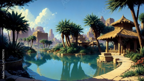 beautiful wallpaper of a desert with beautiful palms and river in anime style. generated with ai © PAMA