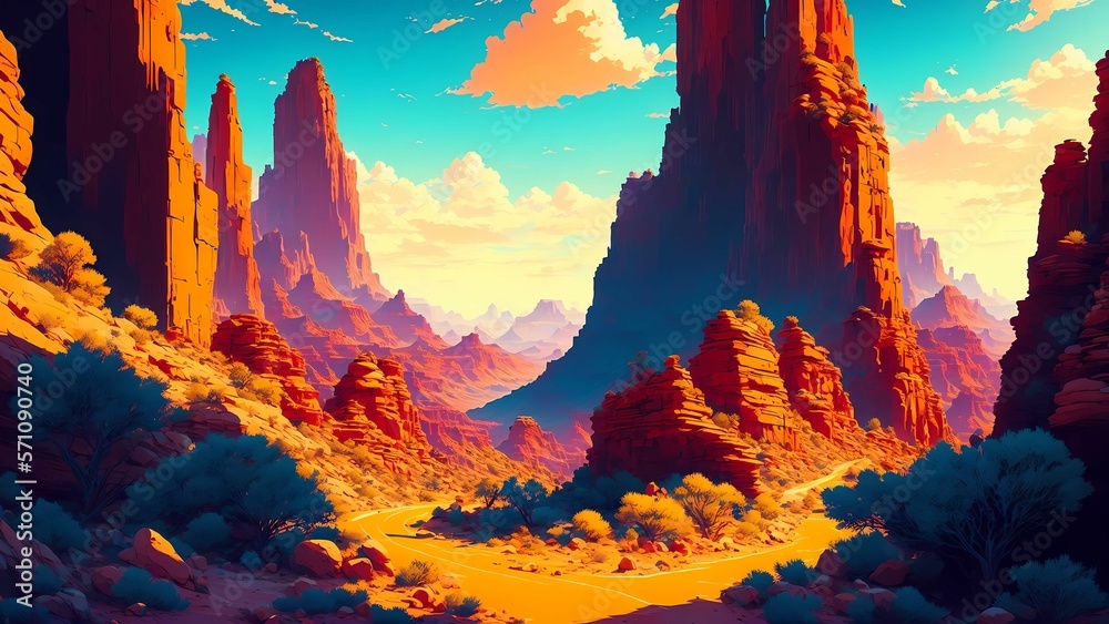 beautiful wallpaper of mountains in the desert anime style. generated with ia palms